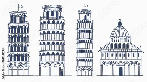 Blue outline illustration of architectural landmarks, towers and a domed church