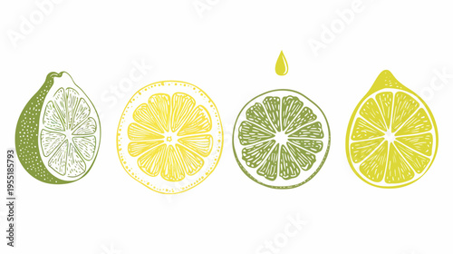 Four halved citrus fruits (lime and lemon) in simple line art style on white background