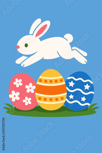 Easter Monday Bunny Jumping Over Decorated Eggs