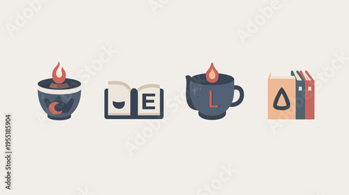 A quartet of pixelated icons of various items placed on a soft, muted tan background