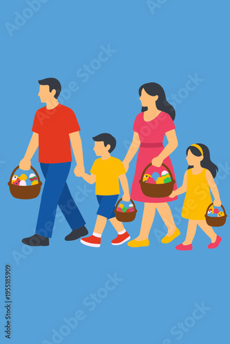 Easter Monday Family Walking Together with Egg Baskets