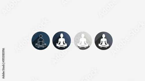 Four circular icons with silhouettes of people meditating in different shades of grey