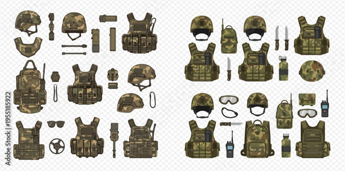 Military camouflage equipment set with bulletproof vests, helmets, and tactical gear for soldiers and army personnel on transparent background.