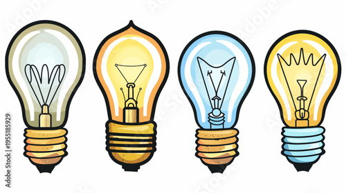 Four cartoon light bulbs with different colored lighting filaments on a white background
