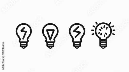Four simple lightbulb icons in a row. Lightning bolts, shapes, and radiating light