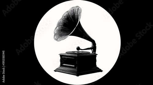 A vintage audio device, a gramophone, rendered in grayscale, set against a white circular backdrop