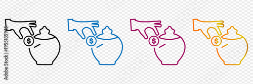 A set of colorful outline icons depicting a hand dropping a dollar coin into a decorative jar, symbolizing savings, investment, and financial planning for future security and wealth.