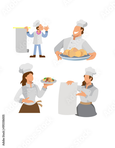 Male and female chef presentation the cuisine and menu, blank sign template illustration