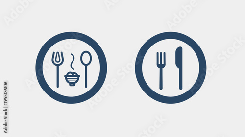 Two blue icon plates with a bowl, fork and spoon on one and a fork and knife on the other