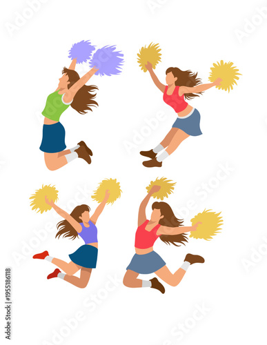 Female cheerleader performance with pompom jumping and dancing action flat design illustration