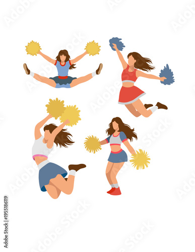 Female cheerleader performance with pompom jumping and dancing action flat design illustration
