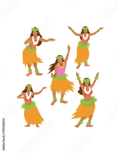 Tahitian hula dance female performance traditional dancing flat design illustration