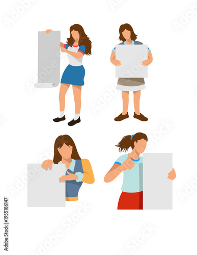 Girl presentation the product explain with blank paper template illustration