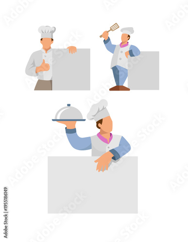 Male master chef presentation the cuisine and menu, blank sign template illustration