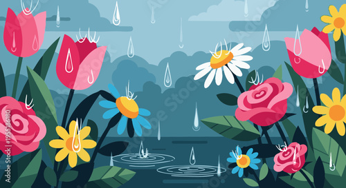 Colorful flowers blooming in the rain vector illustration.