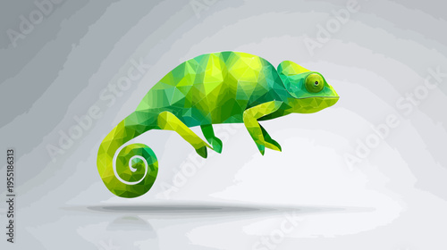 A geometrically styled, vibrant green and yellow reptile rendered with polygon art, against a gray gradient