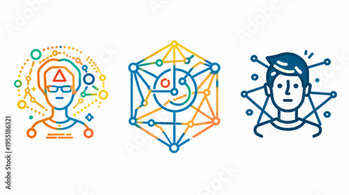 Abstract geometric illustrations of person with triangle, geometry and connected person