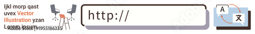 Online tools, translation, web search, digital communication, language accessibility, interface design. Search bar with translation icon, office chairs and multilingual concept. Online tools