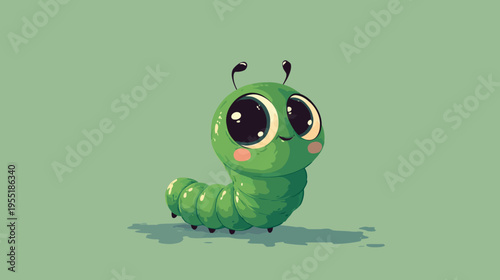 Adorable green caterpillar illustration with big eyes and rosy cheeks. Cartoon style