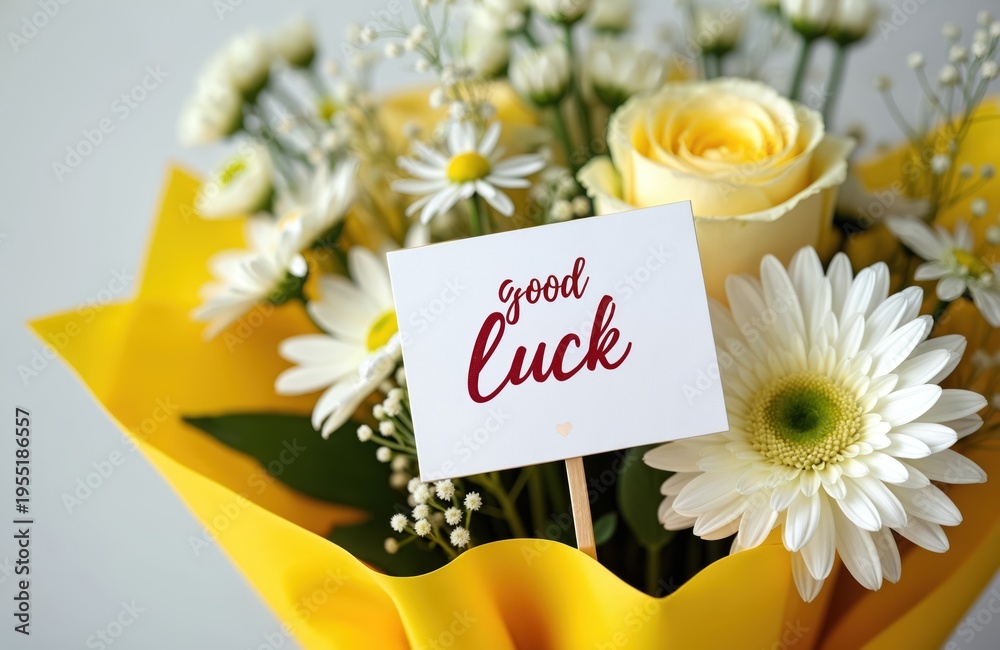 Fototapeta premium White and yellow flowers arranged with a bright yellow wrapper. A card reads good luck. Fresh blossoms convey warm wishes and celebrate new beginnings.