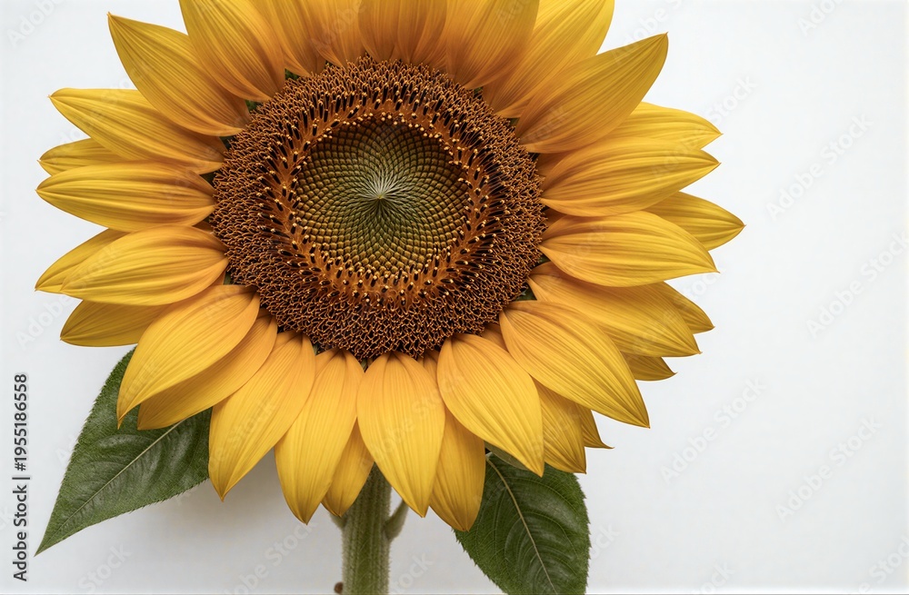 Fototapeta premium Vibrant sunflower with detailed center and green leaves against a