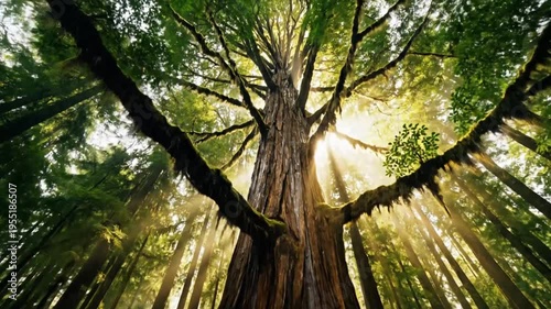Majestic giant redwood tree reaching for the sun with vibrant rays illuminating the forest below