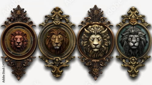 Four ornate frames hold portraits of lions, each in a different color palette style
