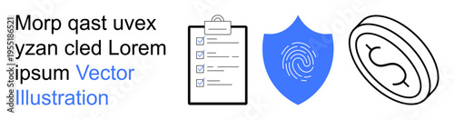 Data security, authentication, identity verification, technology, privacy protection, and cybersecurity. A clipboard with a checklist, shield with fingerprint and a coin. Data security