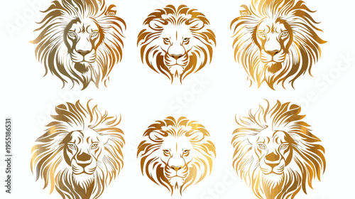 Six detailed golden lion head illustrations, each with a unique flowing mane design