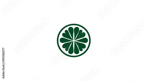 A simple, symmetrical dark green floral design composed of heart-shaped petals inside a circle