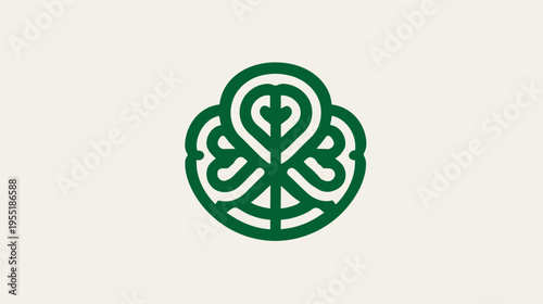 A symmetric emblem, a stylized trefoil in emerald green, set against a warm ivory backdrop