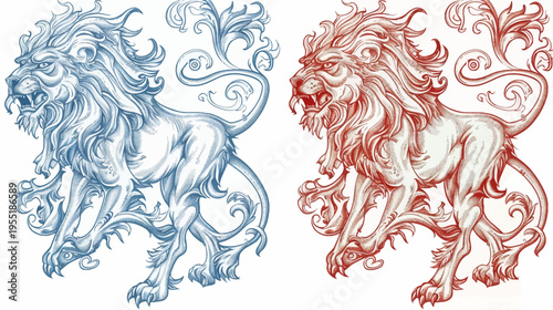 Twin heraldic lions, one in blue and one in red, rendered in a classic, ornamental style