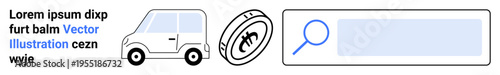 Transportation, car rental, search tools, ecommerce, online payment, travel services. Car, coin with currency sign magnifying glass in search interface. Transportation and car rental