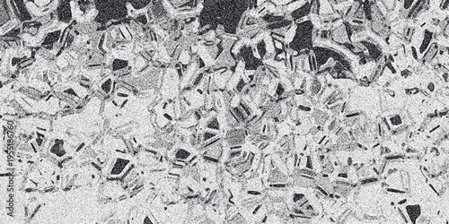 Geometric abstract background with fragmented crystalline structures and a granular noise overlay, featuring sharp edges and varied shades of gray and white for a modern, textured effect