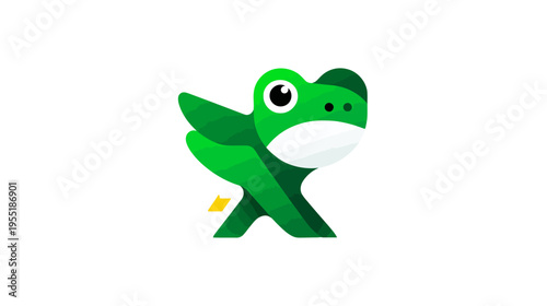 A cartoon-style image of a stylized, bright green amphibian figure with large eye and a white mouth