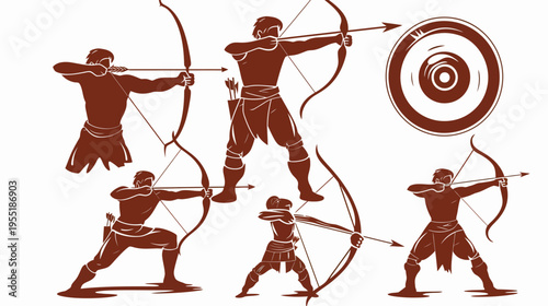 Sepia illustration showcases archers in various poses, aiming at a concentric target