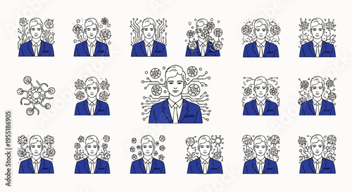 Man in suit surrounded by stylized virus or bacteria icons, representing illness, health, or scientific research