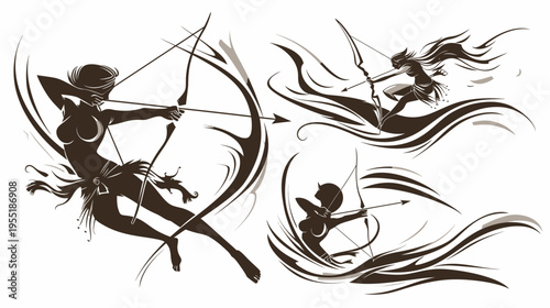 Three stylized archers in silhouette, surrounded by swirling lines and shapes