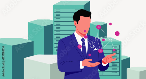 Businessman interacting with a digital network and server racks, representing data management and technology in business.