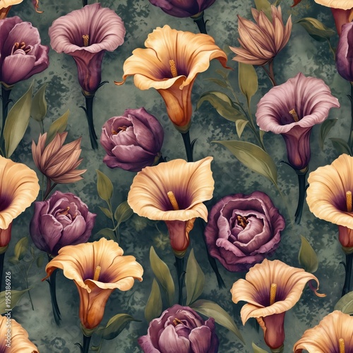 Vintage seamless pattern features yellow and purple calla lilies with dark textured background. Elegant floral design suitable for wallpaper fabric prints and home decor.