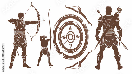 Warriors with bows, quiver, and a target emblem, all silhouetted in a sepia-toned vintage style