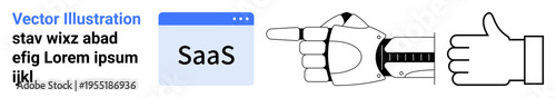 Technology innovation, software development, SaaS platforms, robotics, AI advancements, process automation. Robotic hand pointing and gesturing near a SaaS interface icon. Technology innovation