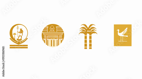 Graphic line art, four icons with Egyptian theme, gold on white background, simple and minimal