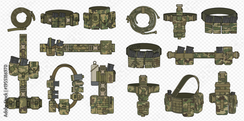 Set of military tactical vests, belts, and equipment in camouflage pattern, isolated on transparent background.