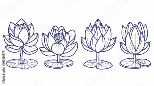 Four hand-drawn lotus flowers outlined in blue on a white background