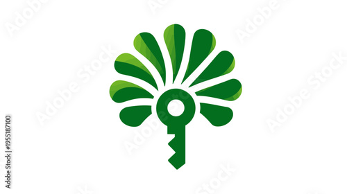 A green stylized key design with leafy elements emanating outwards, creating a natural and modern appeal