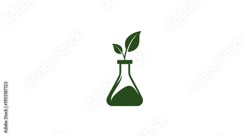 A dark green, stylized, graphic illustration of a lab flask with emerging leaves