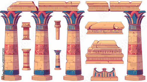 Pixel art style rendering of ancient Egyptian temple columns and architectural elements