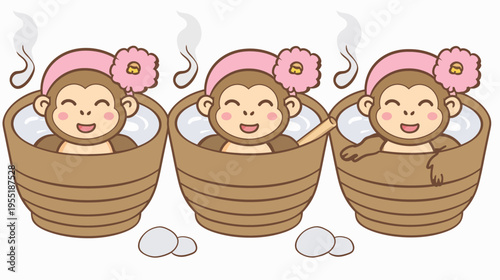 Cartoon monkeys relaxing in onsen hot tubs with flowers on their heads, steam rising