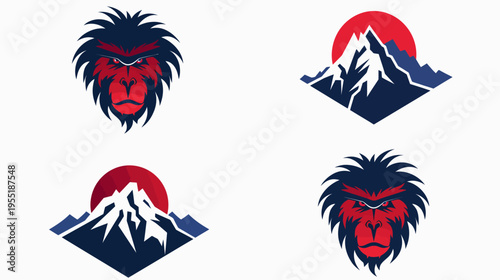 Four illustrations two ape heads and two mountain sunscapes, blue, red, and white